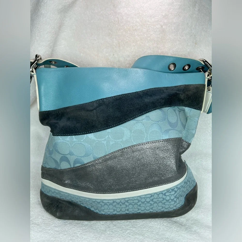 Coach set, blue leather, suede and Jacquard patchwork bag and wallet_2